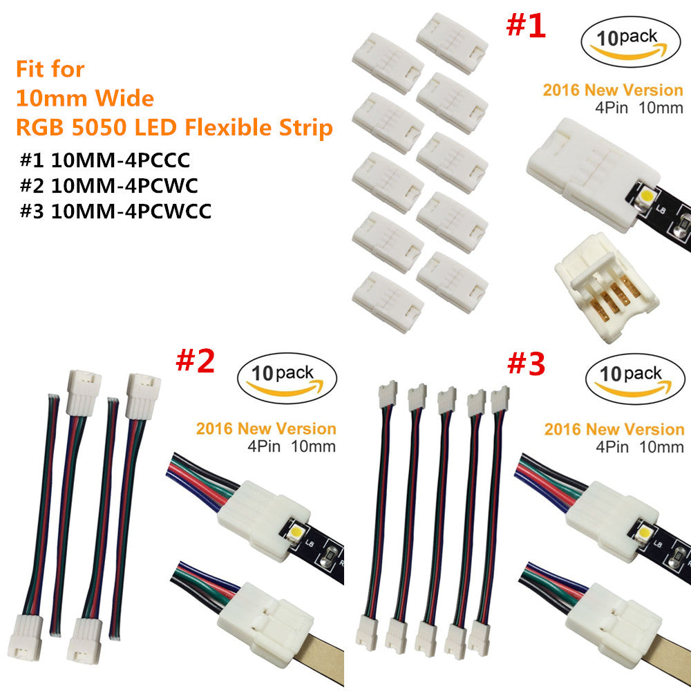 10pcs/Pack (2016 Updated Version) 10mm Wide LED Strip Connector Solderless Snap Down 4 Pin Conductor Strip to Strip Gapless Jumper for 10mm Wide 5050 RGB Color Flex LED Strips