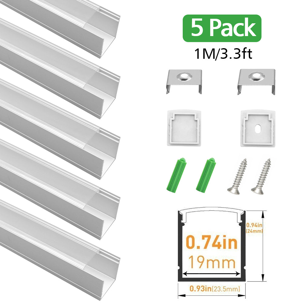 Rectangular aluminium profile 1 m long LED strip with mounting clips
