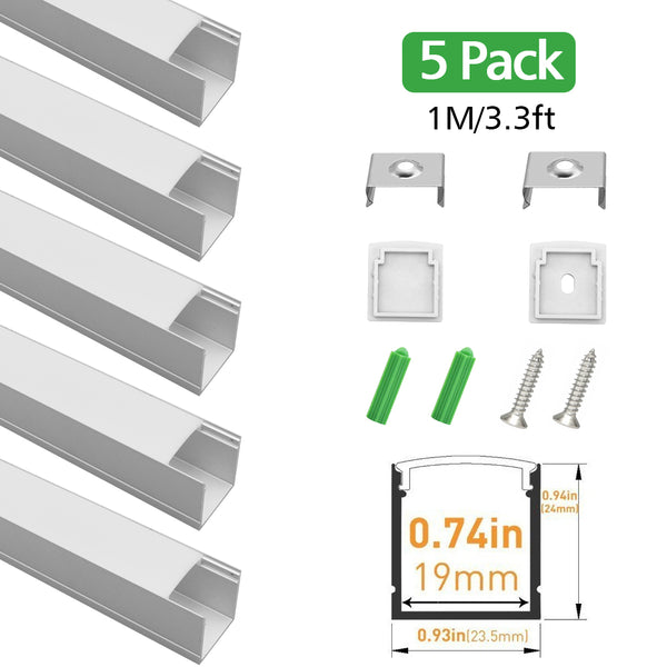 Sliver U06 24x24mm Silver U Shape LED AluminumBlack Channel Internal width  20mm with White Diffuser Cover, End Caps and Mounting Clips for LED Strip 