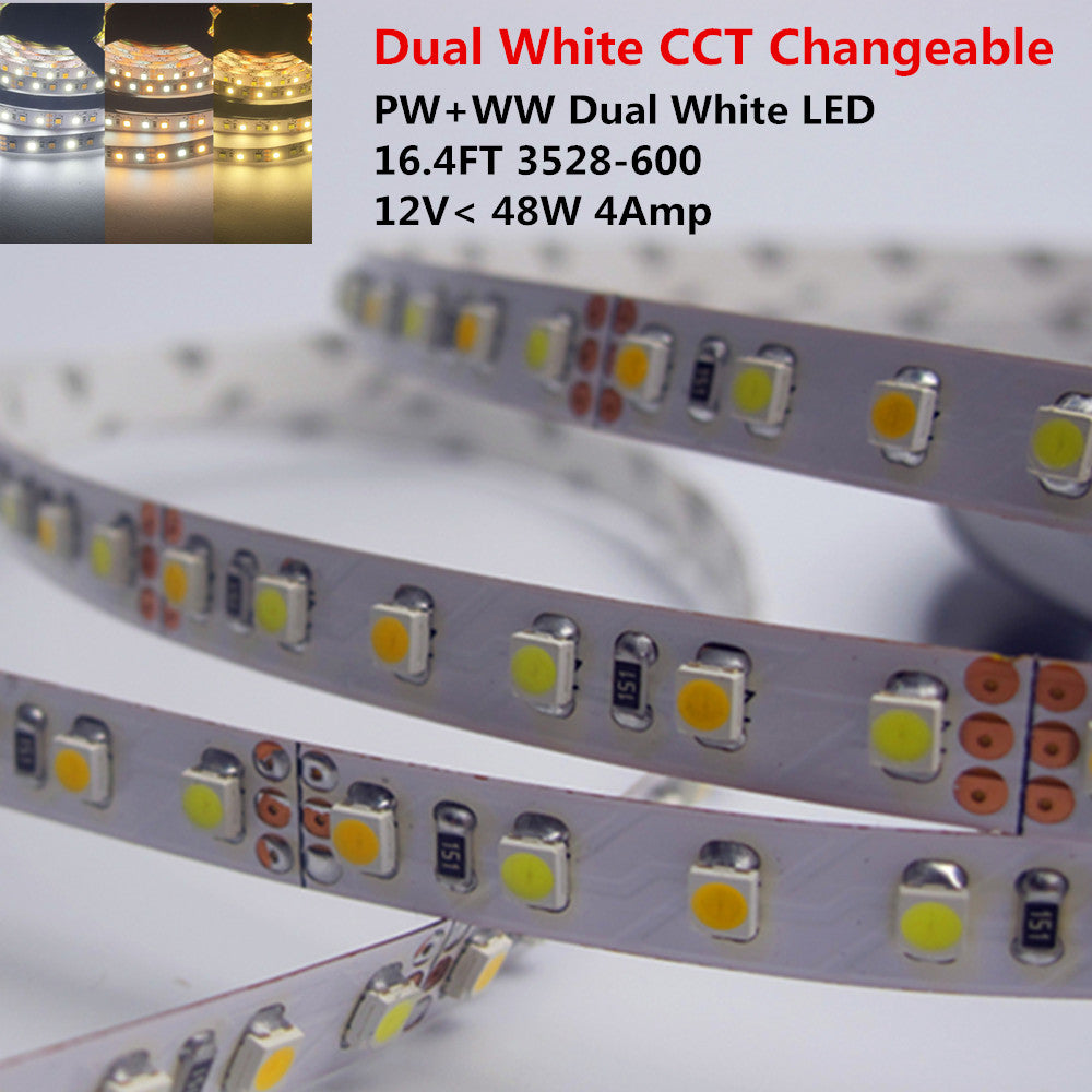 12VDC <48W 4Amp 16.4Feet (5Meter) per Roll SMD3528-600 Dual White (Pure White + Warm White) LED Color Temperature CCT Adjustable Flexible LED Strip Light 60 LED 9.6Watt per Meter White PCB Tape Light