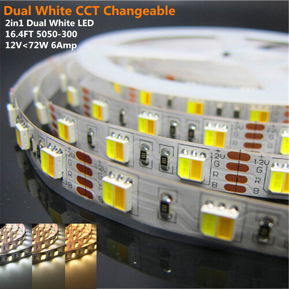 12VDC <72W 6Amp 16.4Feet (5Meter) per Roll SMD5050-300 2in1 Dual White LED Color Temperature CCT Adjustable Flexible LED Strip Light 60 LED 14.4Watt per Meter White PCB Tape Light