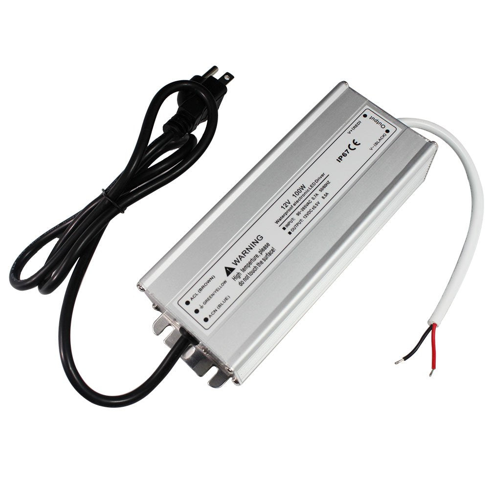 LightingWill Waterproof IP67 LED Power Supply Driver Transformer 100W 110V  AC to 12V DC Low Voltage Output with 3-Prong Plug 3.3 Feet Cable for