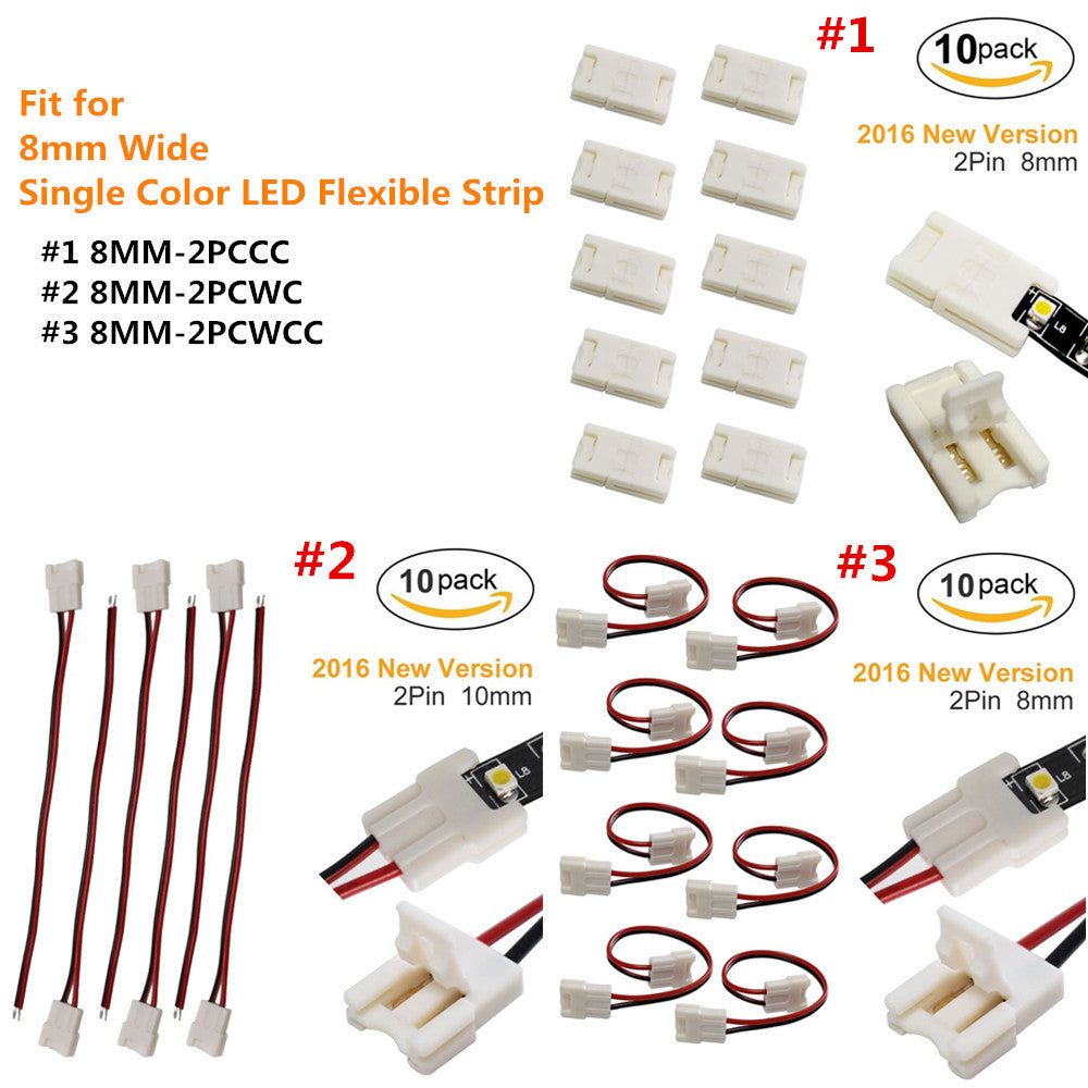 10pcs/Pack (2016 Updated Version) LED Strip Connector Solderless Snap Down 2 Pin Conductor Strip to Strip Gapless Jumper for 8mm Wide 3528 2835 Single Color Flex LED Strips