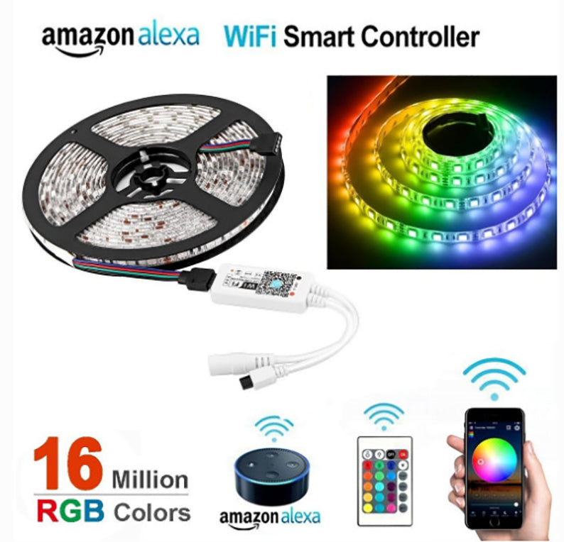 WiFi LED Light Strip Music Sync Remote Controlled by Alexa Echo Android ISO Smart Phone 16.4ft Cuttable 12V RGB 300LED SMD5050 Strip with 24 Keys Controller & 8Amp 96W Power Supply
