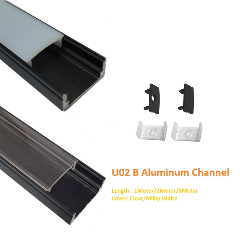 Black U02 9x17mm U-Shape Internal Profile Width 12mm LED Aluminum Channel System with Cover, End Caps and Mounting Clips for LED Strip Light Installations