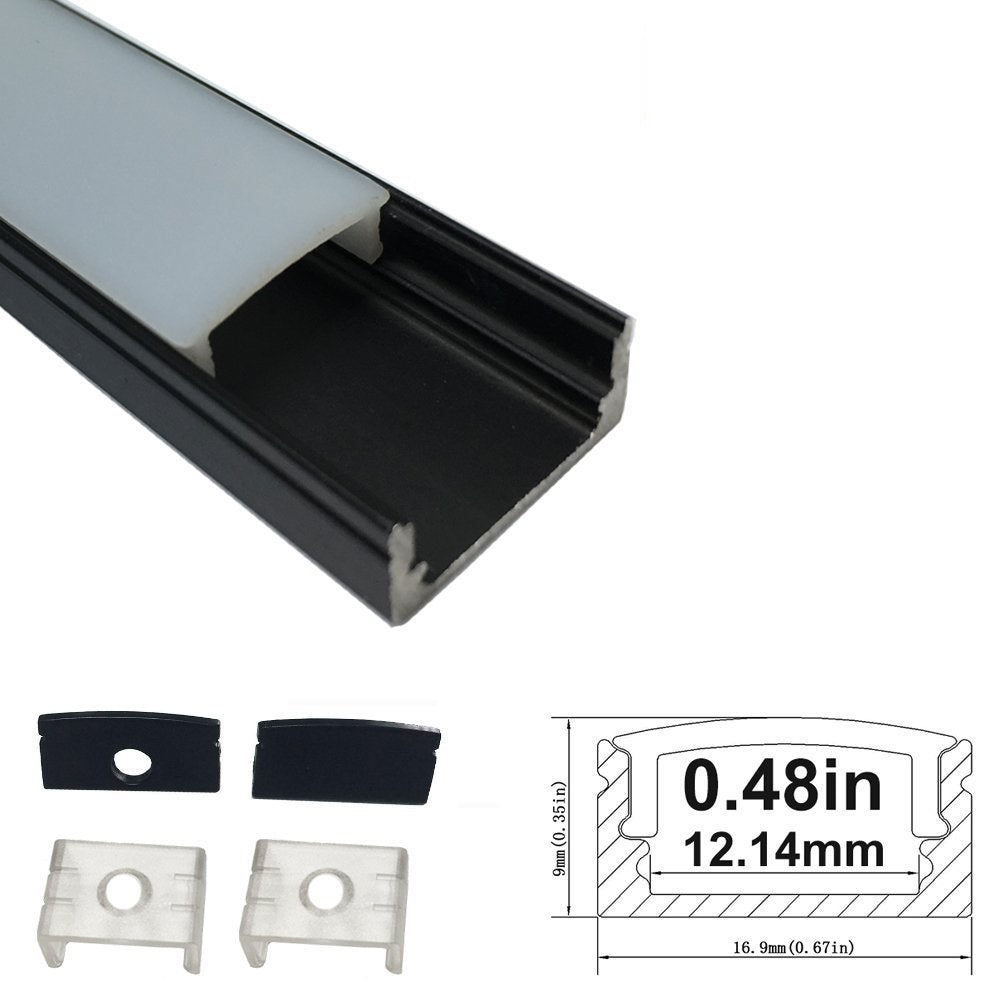 Black U02 9x17mm U-Shape Internal Profile Width 12mm LED Aluminum Channel System with Cover, End Caps and Mounting Clips for LED Strip Light Installations