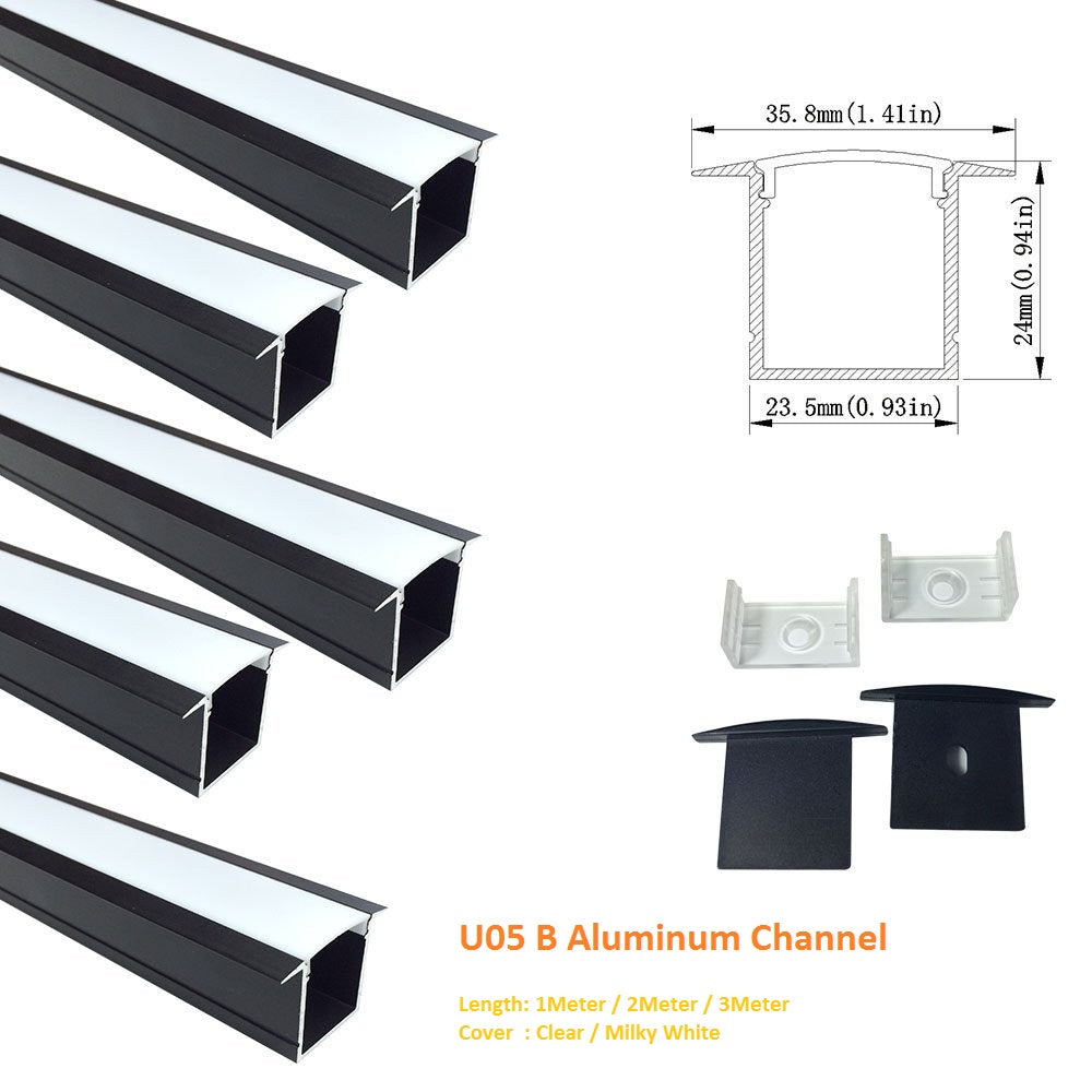 Black U05 36x24mm U-Shape Internal Width 20mm LED Aluminum Channel System with Cover, End Caps and Mounting Clips Aluminum Profile for LED Strip Light Spot Free Installations