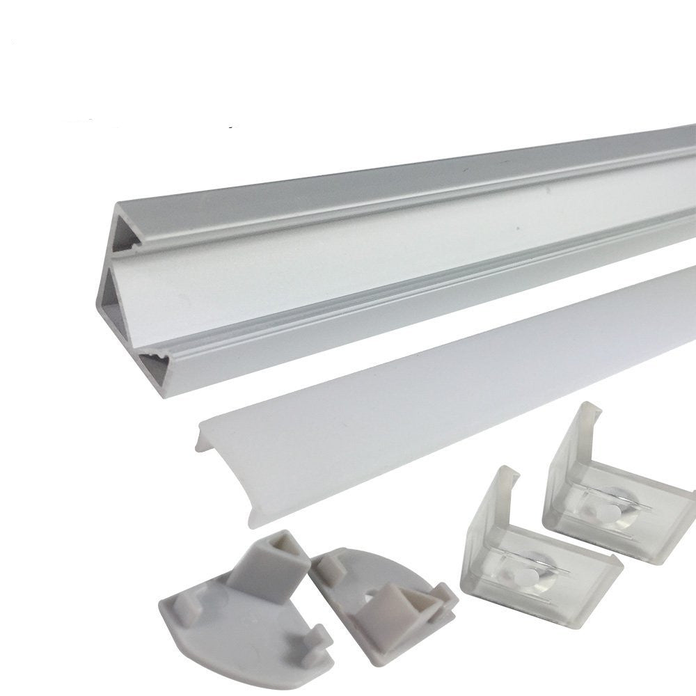 Silver V03 18x18mm V-Shape Internal Width 12mm Corner Mounting LED Aluminum Channel with Clear/Milky White Cover, End Caps and Mounting Clips for Flex/Hard LED Strip Light