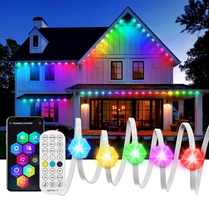 Permanent Outdoor Lights with App & Remote Voice control （Alexa, Google），100ft Smart Eaves Strips with 72 RGB LEDs，IP67 Waterproof at -20℃~ 60℃，54 Scene Modes Lighting for Party, Daily, Halloween, Christmas, Roof, Garden, Parties