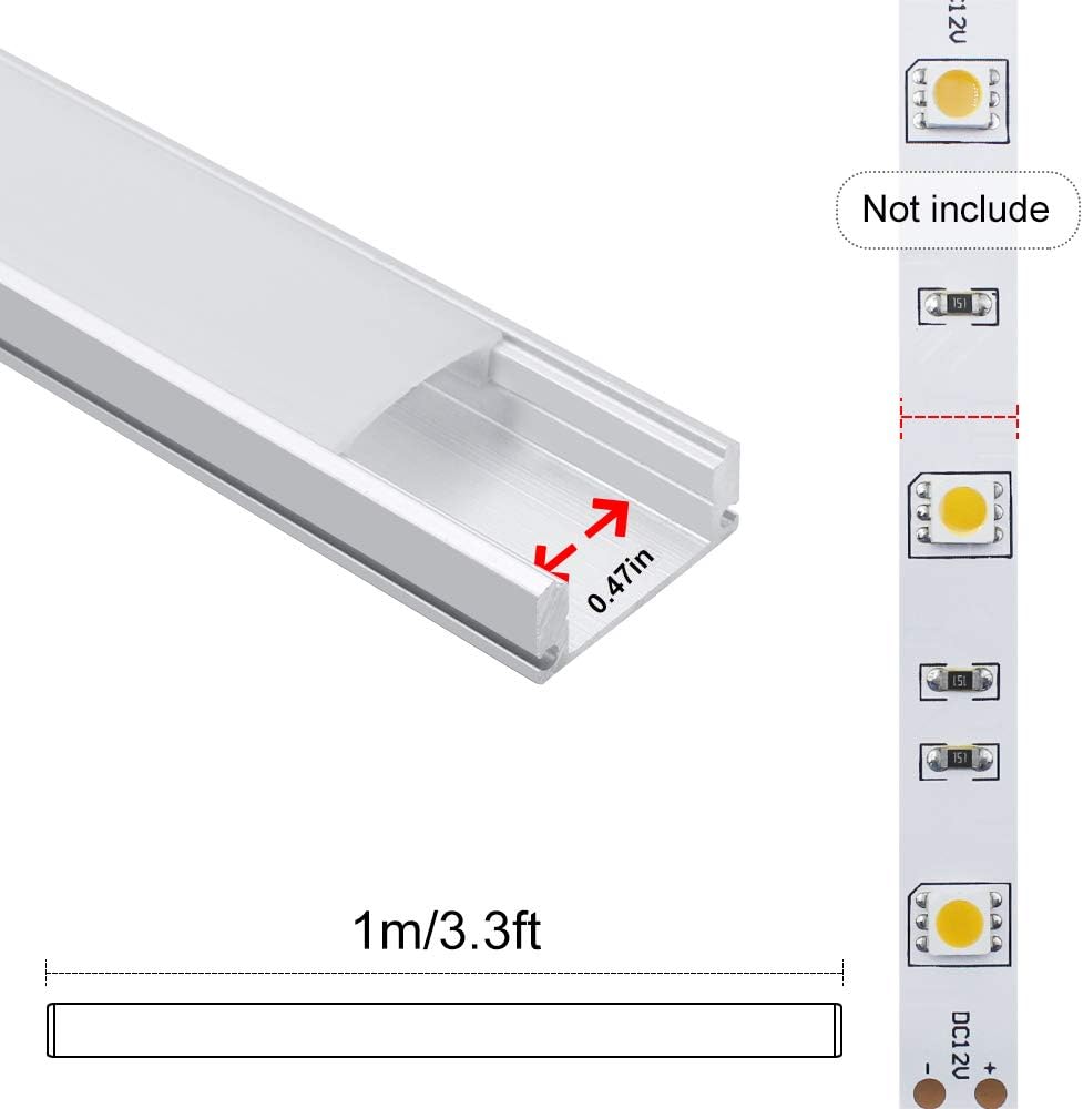 LightingWill 6-Pack 3.3ft/1M Silver U-Shape LED Aluminum Channel System with Cover, End Caps and Mounting Clips Aluminum Profile for LED Strip Light Installations-U02S6