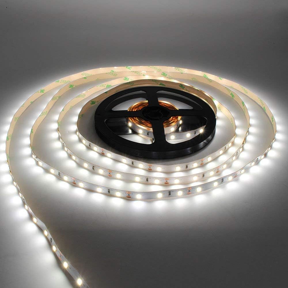 LightingWill LED Strip Light CRI90 SMD3528 16.4Ft(5M) 300LEDs Daylight White 5000K-6000K 60LEDs/M DC12V 24W 4.8W/M 8mm White PCB Flexible Ribbon Strip with Adhesive Tape Non-Waterproof H3528PW300N