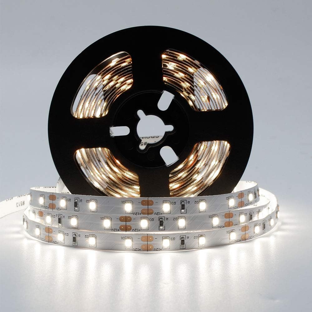 LightingWill LED Strip Light CRI90 SMD3528 16.4Ft(5M) 300LEDs Daylight White 5000K-6000K 60LEDs/M DC12V 24W 4.8W/M 8mm White PCB Flexible Ribbon Strip with Adhesive Tape Non-Waterproof H3528PW300N