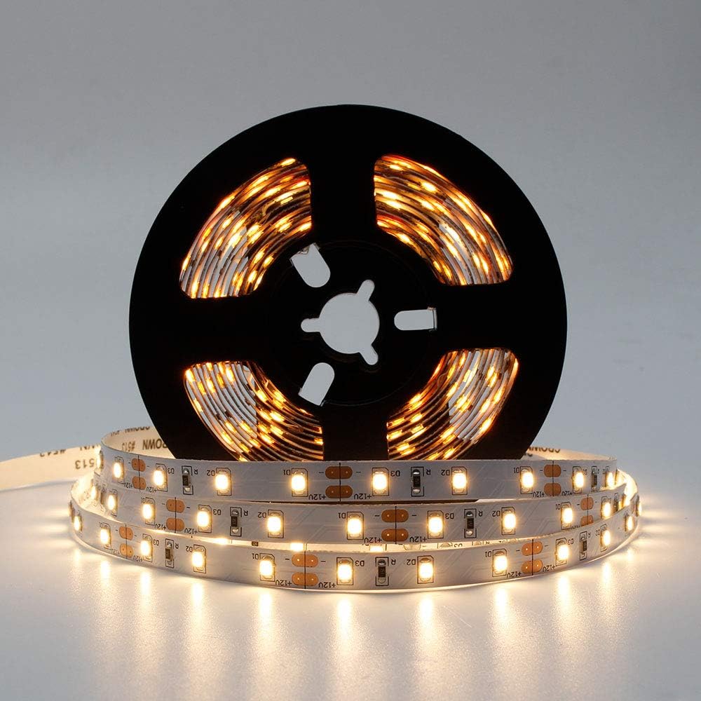 LightingWill LED Strip Light CRI90 SMD3528 16.4Ft(5M) 300LEDs Warm White 3000K-3500K 60LEDs/M DC12V 24W 4.8W/M 8mm White PCB Flexible Ribbon Strip with Adhesive Tape Non-Waterproof H3528WW300N