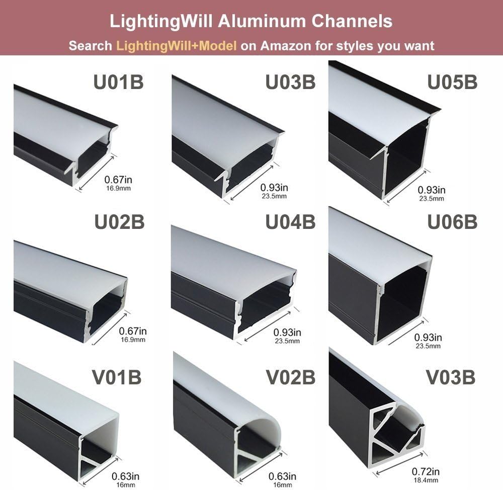 LightingWill 5-Pack V-Shape LED Aluminum Channel System 3.3ft/1M Anodized Black Corner Mount Extrusion for <12mm Width SMD3528 5050 LED Strips with Milky White Cover, End Caps, Clips V02B5