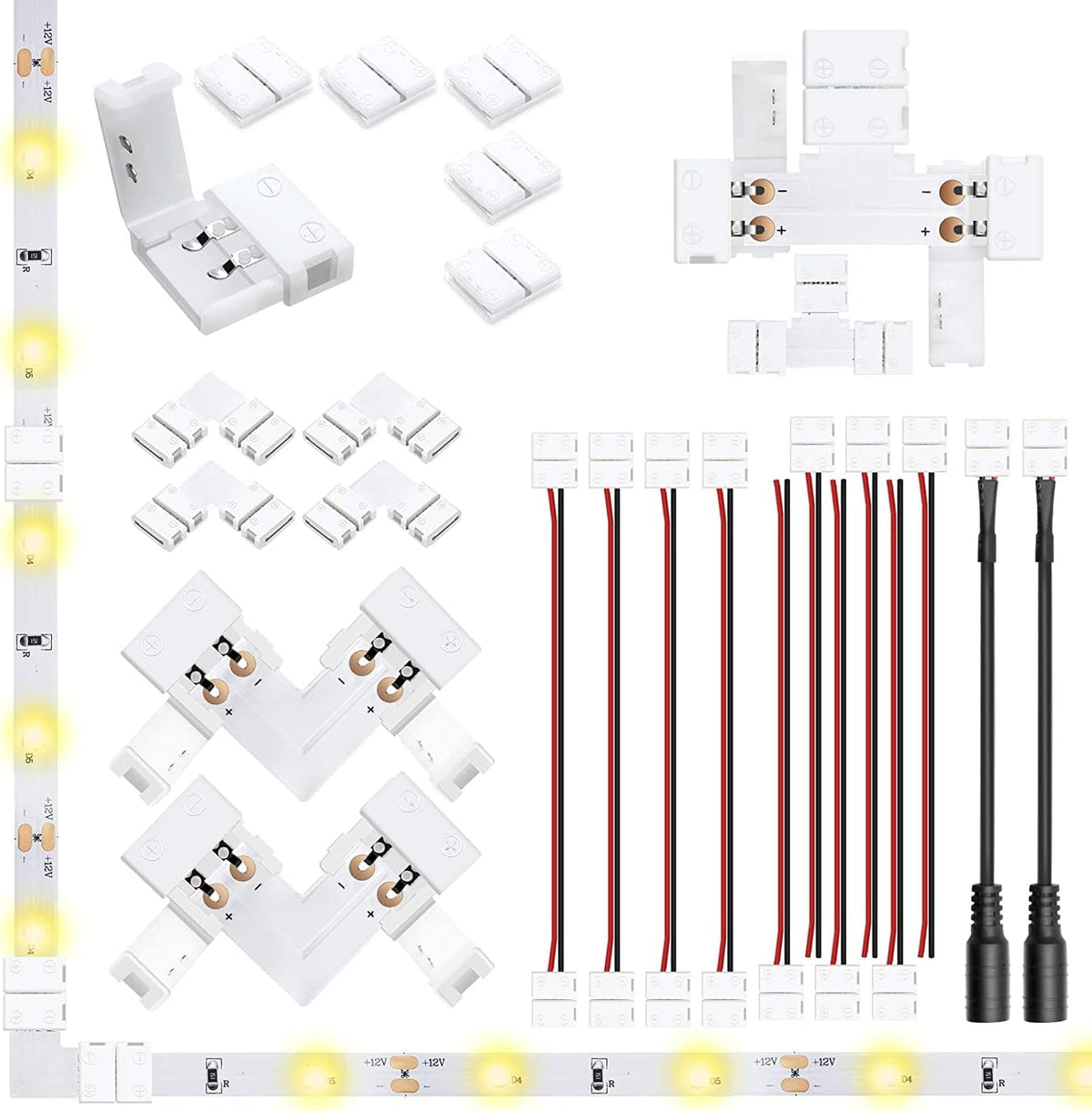 LightingWill 2 Pin LED Strip Light Connector Kit, 8mm Solderless Adapter Connectors, LED Strip Accessories Set for 8mm Wide 3528 2835 Single Color Flex LED Strips, 24 Pack