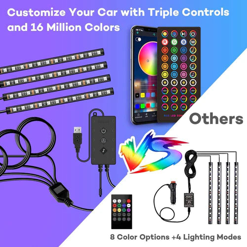 Car Interior Lights 4pcs 48 LED Car Atmosphere Glow Neon lights Multi-Color Music Car LED Strip Lights Decorative Underdash Lighting Kit with Bluetooth APP Controlled Sound Active function Wireless Remote Control