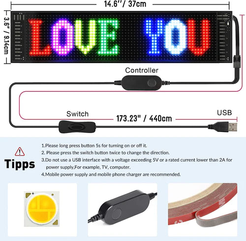 Free Shipping Model 1664 Flexible USB 5V Car LED Sign Bluetooth App Control Display Screen Text Pattern Animation LED sign display for Car Windows, Shop, Bar and Entrance Sign