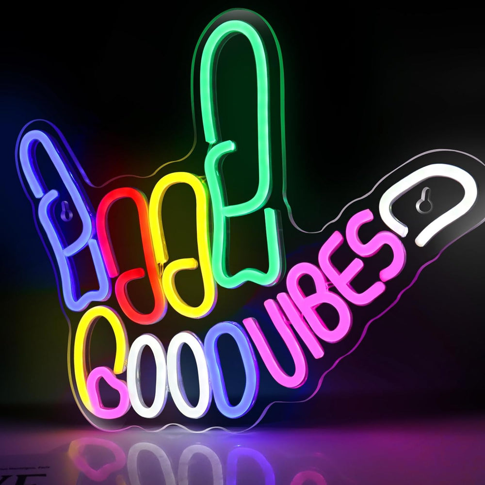 E1- Good Vibes Neon Sign, Dimmable Good Vibes Only Neon Signs Light with ON/OFF Switch, USB Powered Neon Signs for Wall Decor, Colorful Light Up LED signs for Bedroom Game Room Party Club Decor