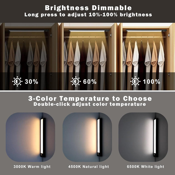 I2- Strip Cabinet Lights, LED Motion Sensor Under Cabinet Lights, 3 Color Temps Indoor Dimmable Closet Light, Rechargeable Wireless Magnetic Strip Lights Night Light for Hallway, Stairway, Drawers, Wardrobe