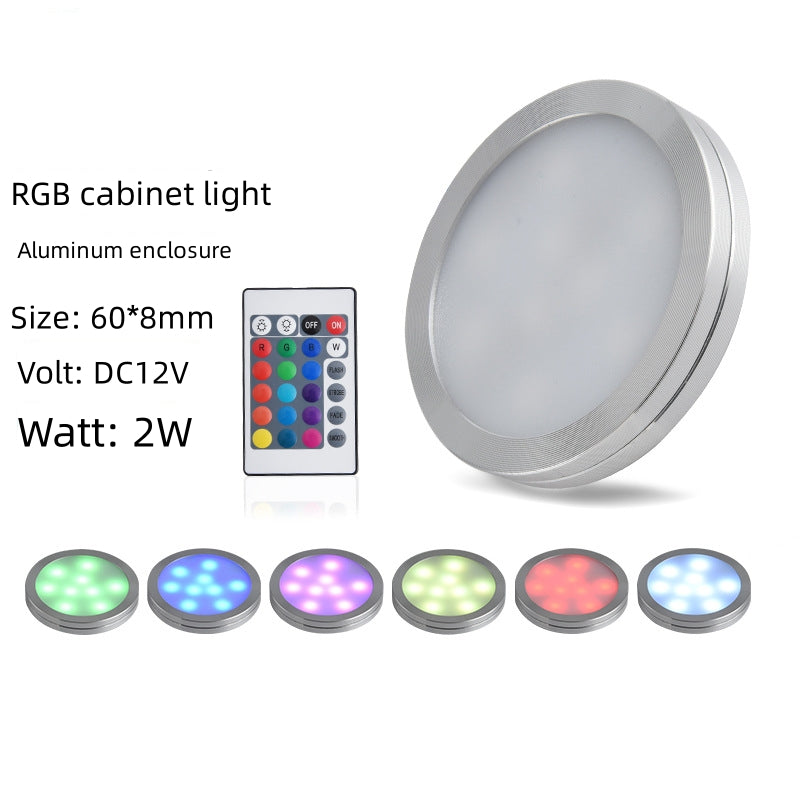 RGB LED Under Cabinet Lighting Silver Rounded Aluminum Alloy Shell 2W 12VDC Puck Light with RF Wireless Controller for Motorhome, Caravan, Truck, Kitchen, Wine cabinet, Wardrobe