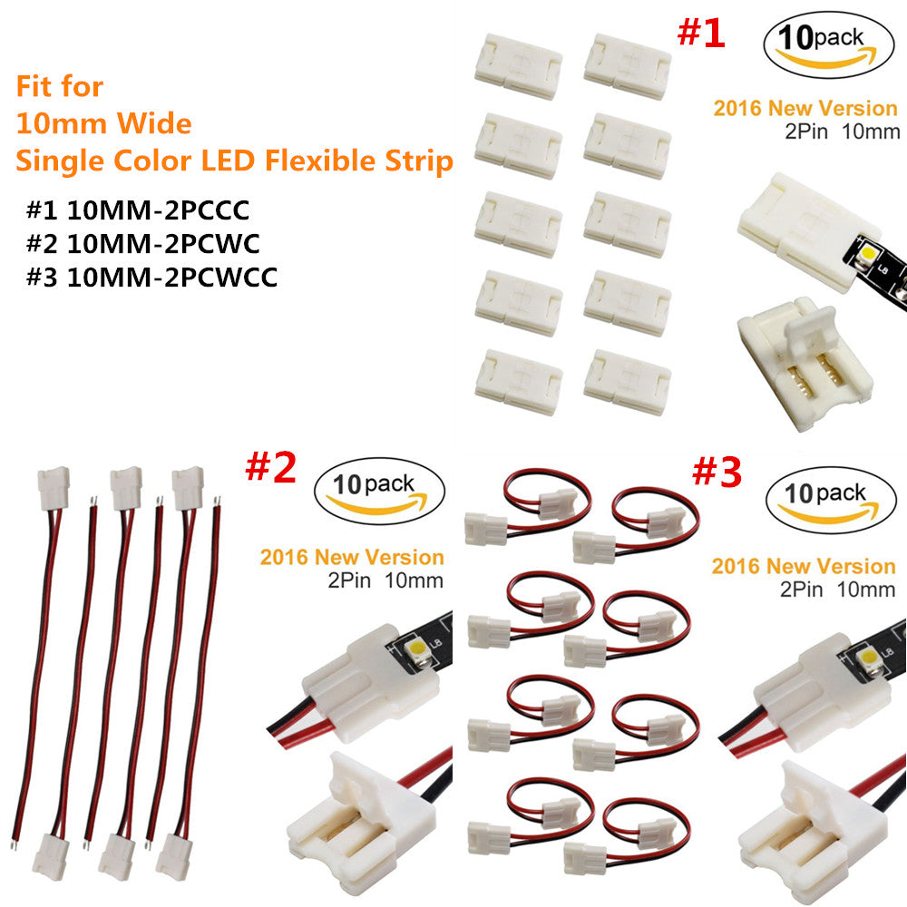 10pcs/Pack (2016 Updated Version) LED Strip Connector Solderless Snap Down 2 Pin Conductor Strip to Strip Gapless Jumper for 10mm Wide 5050 5630 Single Color Flex LED Strips
