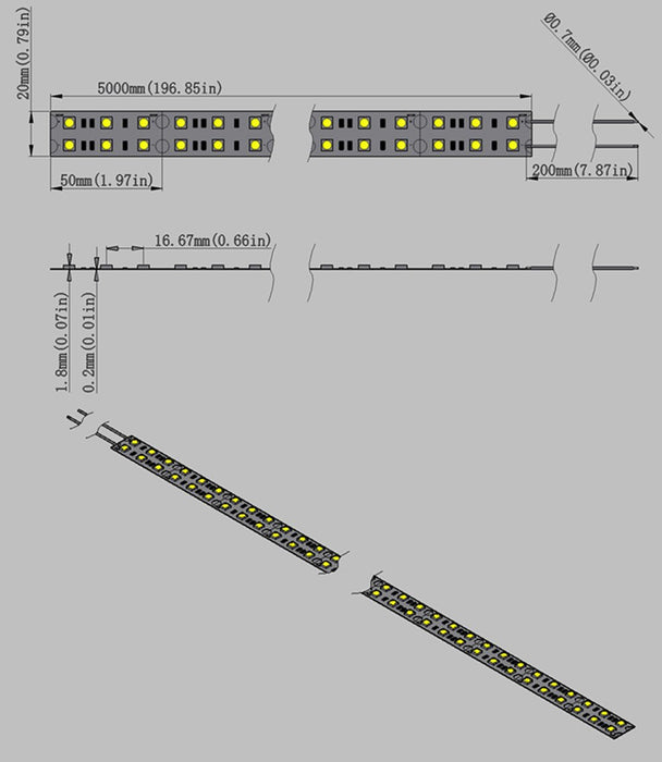 DC 12V Dimmable SMD5050-600 Double Row Flexible LED Strips 120 LEDs Per Meter 15mm Width 1800lm Per Meter