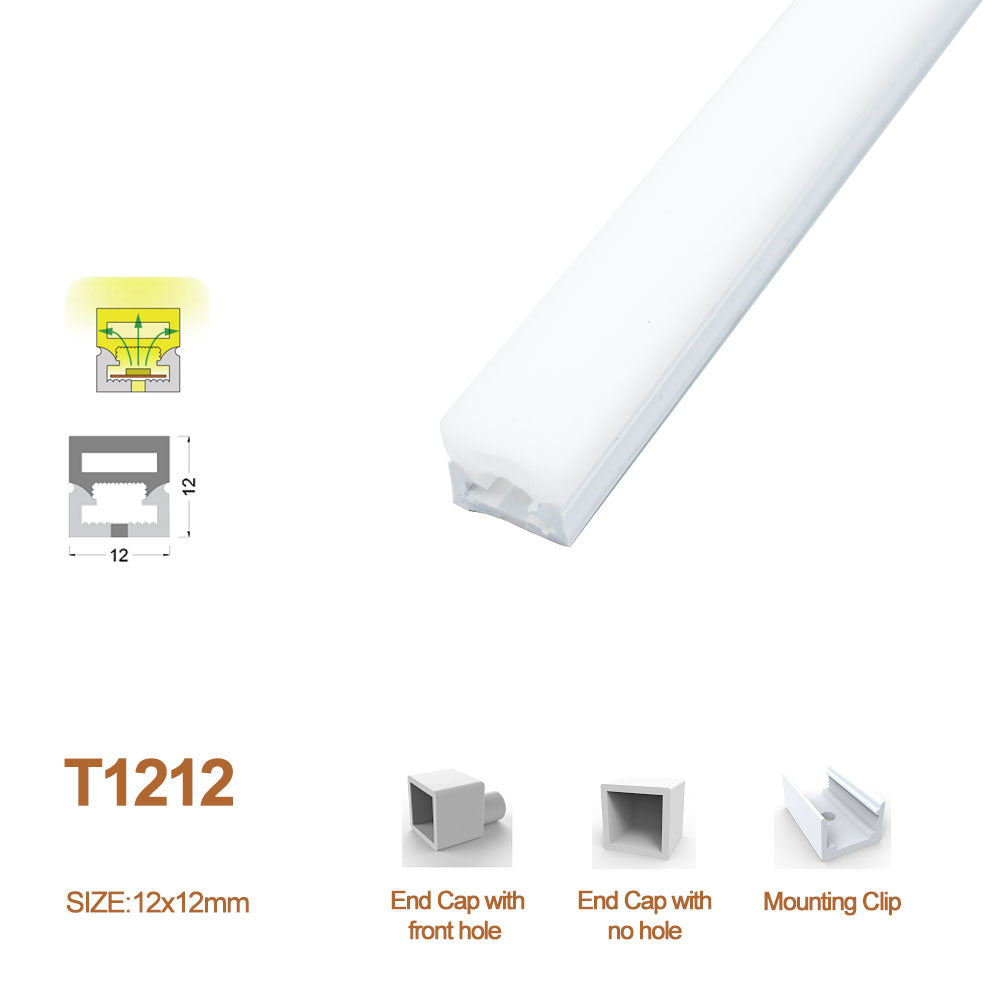 1 m/5 m/10 m/20 m Packung mit T1212 3-seitig positiver Beleuchtung, LED-Neonlicht-Gehäusesatz mit Endkappen und Befestigungsklammern, flexibler Neonkanal passend für 8 mm breite LED-Lichtstreifen