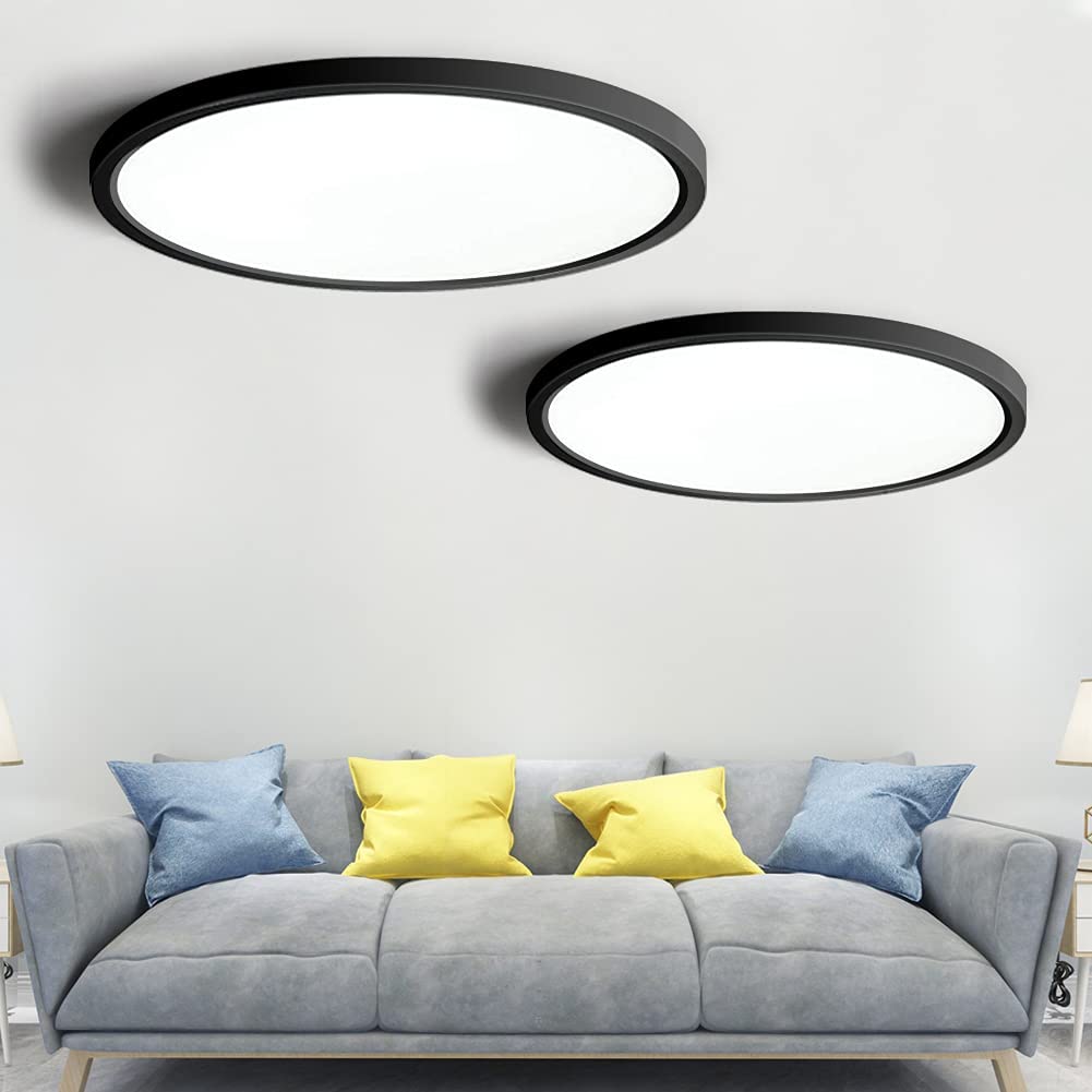 2Pack LED Flush Mount Ceiling Light Fixture, 12 Inch 24W, 5000K Daylight White, 3200LM, Flat Modern Round Lighting Fixture, Black, 240W Equivalent Black Ceiling Lamp for Kitchens, Bedrooms.etc.