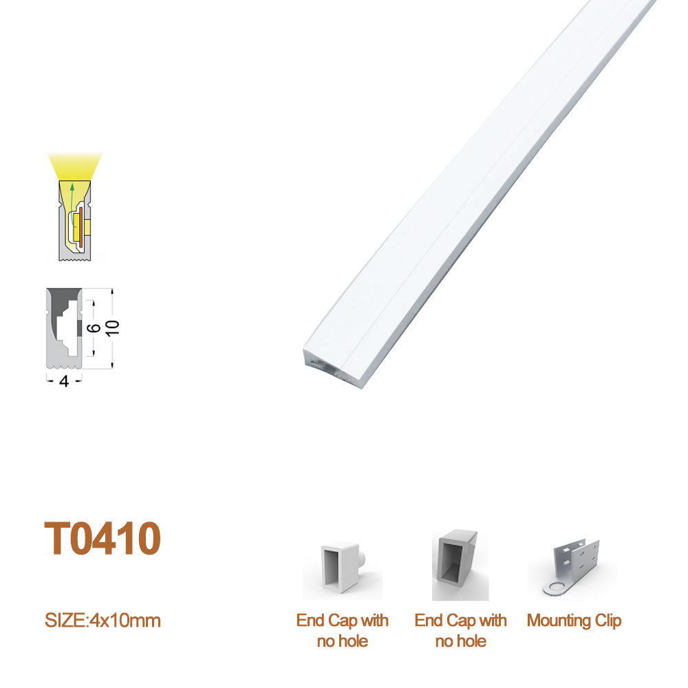 1M/5M/10M/20M Packung mit T0410 LED-Neonlicht-Gehäuse-Kit mit Endkappen und Befestigungsclips, flexibler Neonkanal passend für 5mm breite LED-Lichtstreifen