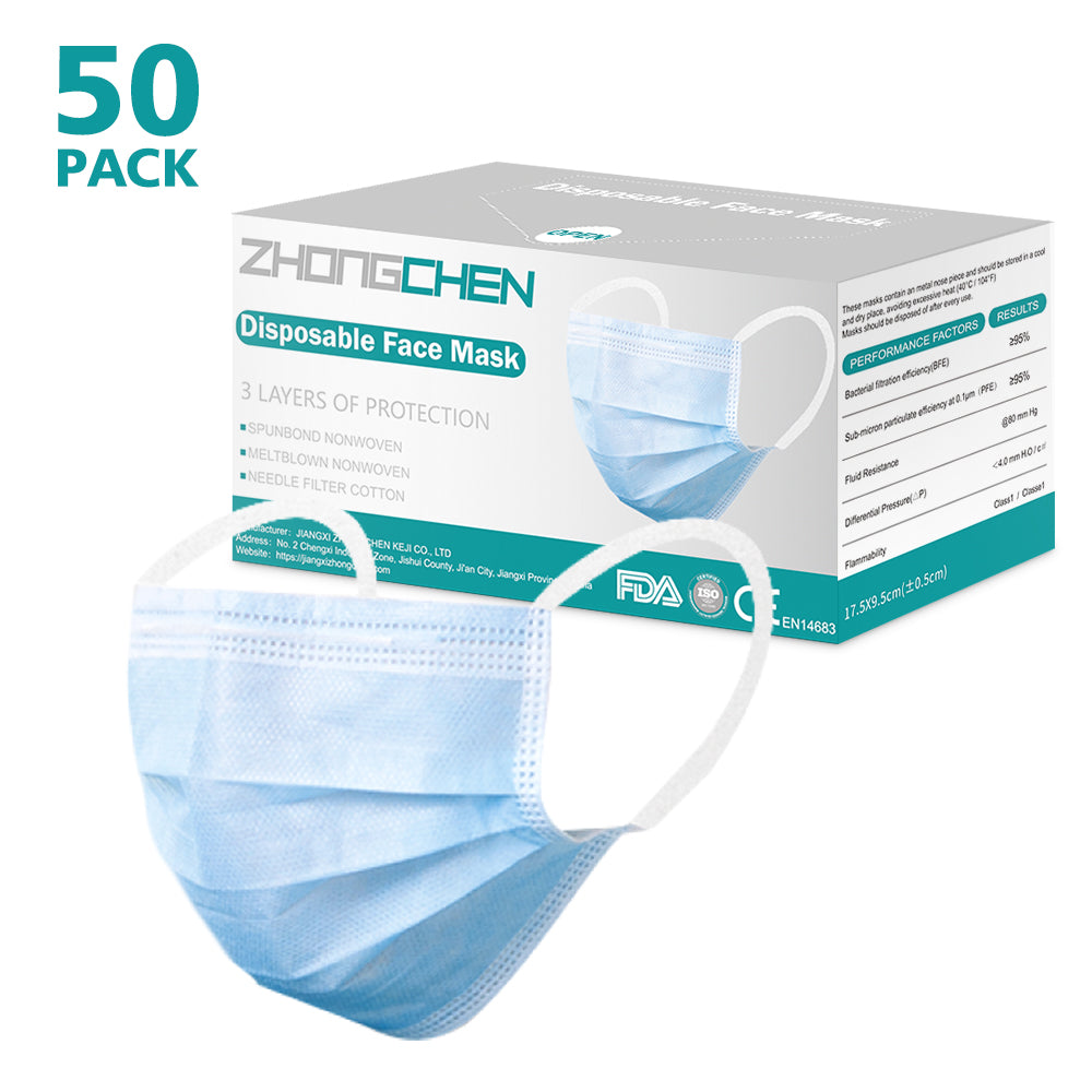 ZHONGCHEN 50Pack of BFE95% Face Masks, 3-Ply Cotton Filter Medical Sanitary for Dust, Germ Protection