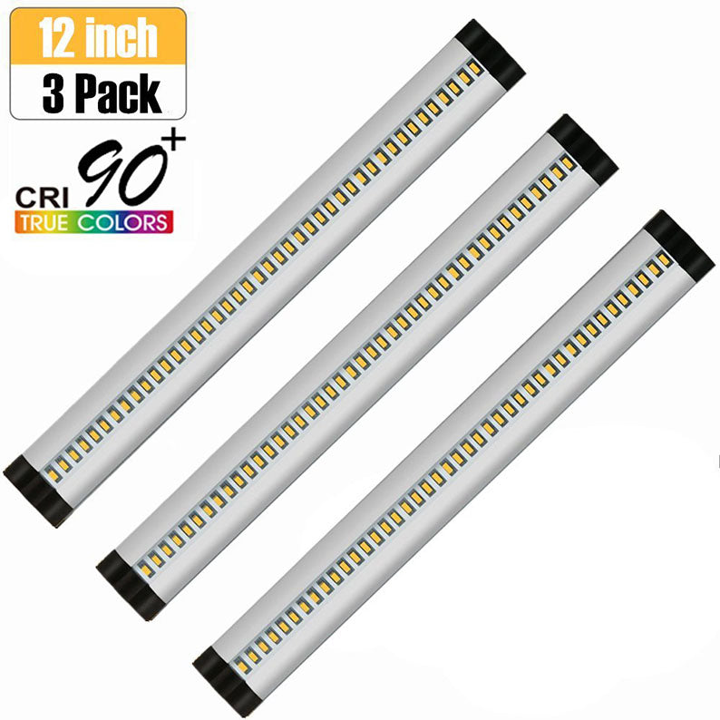 3pcs Pack Silver Finish LED Under Cabinet Lighting Kit Dimmable CRI90 Ultra Thin SMD2835 12V 15W (30W Replacement) 900 Lumens with Dimmer & Power Supply Included