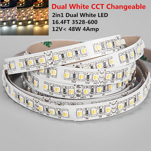 12VDC <48W 4Amp 16.4Feet (5Meter) per Roll SMD3528-600 2in1 Dual White LED Color Temperature CCT Adjustable Flexible LED Strip Light 60 LED 9.6Watt per Meter White PCB Tape Light