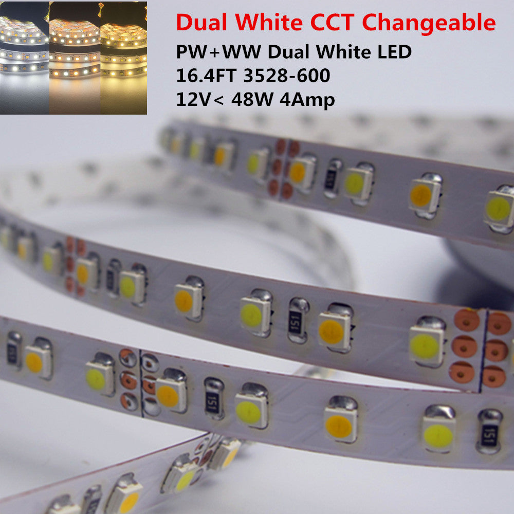 12 VDC &lt;48 W 4 Ampere 16,4 Fuß (5 Meter) pro Rolle SMD3528-600 Dual White (Reinweiß + Warmweiß) LED-Farbtemperatur CCT Einstellbares flexibles LED-Streifenlicht 60 LED 9,6 Watt pro Meter Weißes PCB-Bandlicht