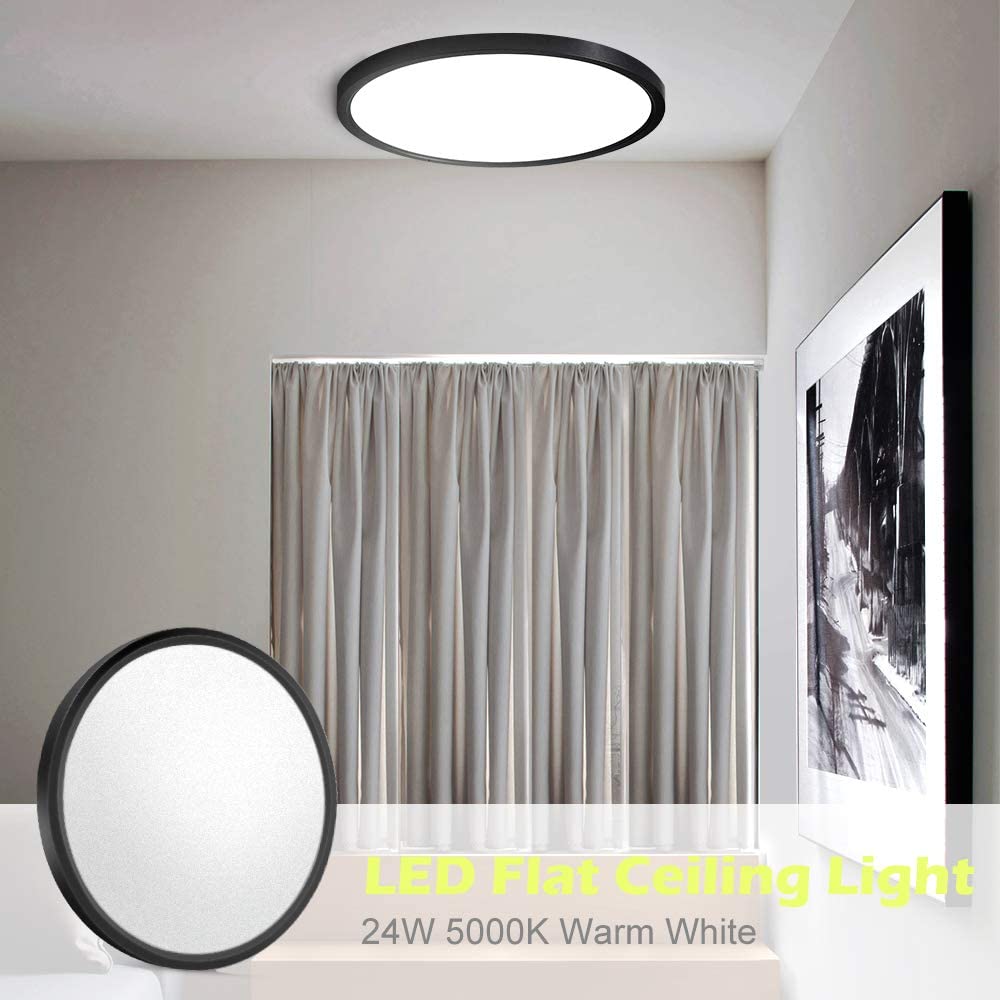 2Pack LED Flush Mount Ceiling Light Fixture, 12 Inch 24W, 5000K Daylight White, 3200LM, Flat Modern Round Lighting Fixture, Black, 240W Equivalent Black Ceiling Lamp for Kitchens, Bedrooms.etc.