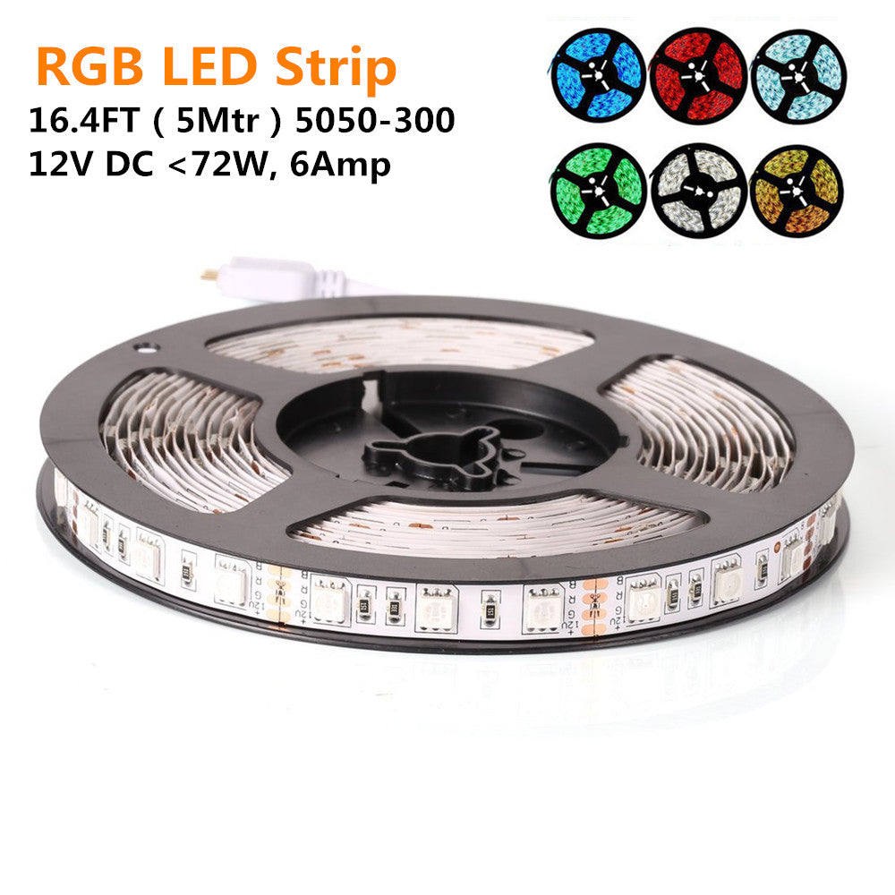 DC12V < 72W, 6Amp 5Meter (16.4Feet) SMD5050 300LED RGB Multi-Color Changing Flexible LED Strips 60LEDs 14.4W Per Meter, 10mm Wide White PCB