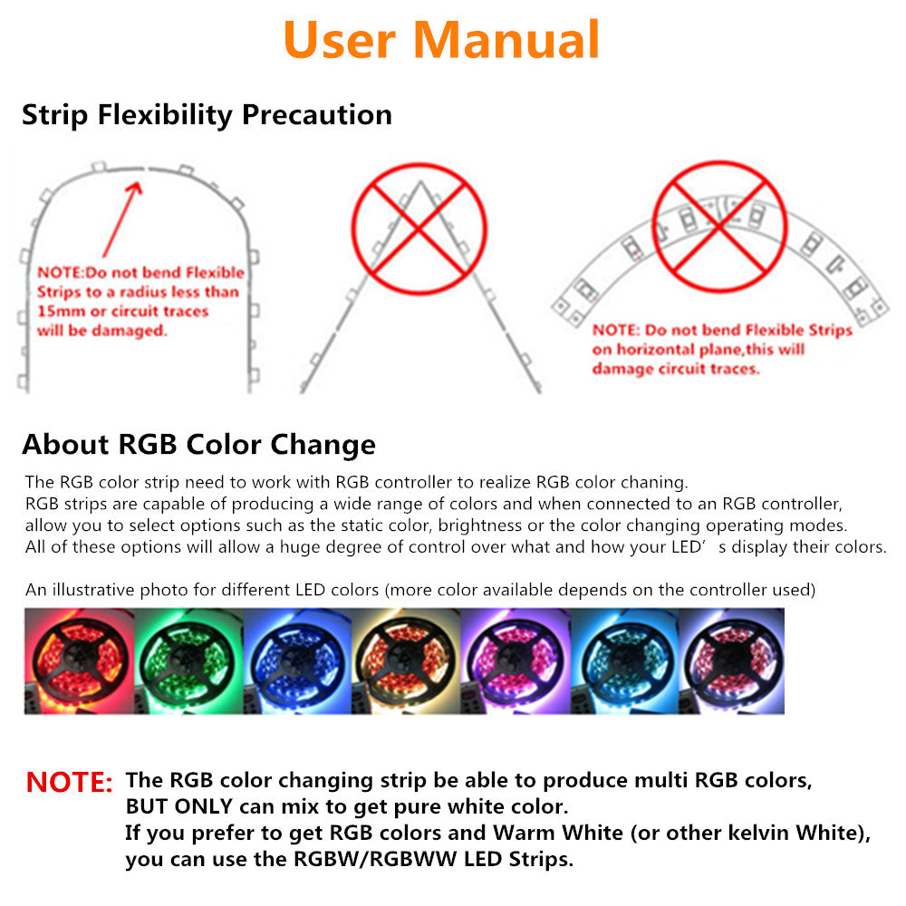 DC12V < 72W, 6Amp 5Meter (16.4Feet) SMD5050 300LED RGB Multi-Color Changing Flexible LED Strips 60LEDs 14.4W Per Meter, 10mm Wide White PCB