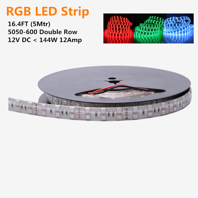 DC12V <144W, 12Amp 5Meter (16.4Feet) SMD5050 600LED RGB Multi-Color Changing Flexible LED Strips 120LEDs Per Meter Double Row 15mm Wide White PCB