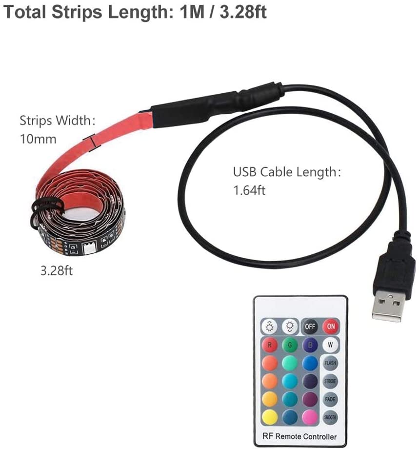 5V LED TV Backlights Kits RGB Color Changeable USB Powered Strip Light with RF Controller for 24 inch-60 inch HDTV, PC Monitor and Home Theater, Atmosphere Building, Eyes Protect.