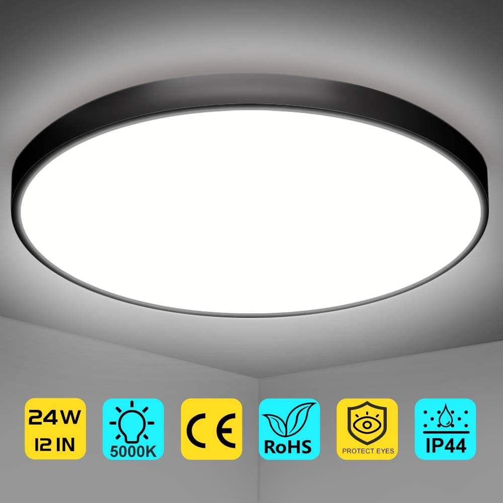 LED Flush Mount Ceiling Light Fixture, Black 5000K Pure White,3200LM, 12 Inch 24W, Flat Modern Round Lighting Fixture, 240W Equivalent Black Ceiling Lamp for Closets, Kitchens, Stairwells, Bedrooms.etc