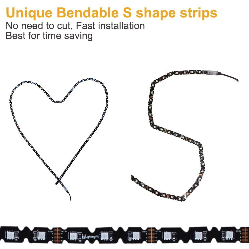 INSTALLATION TIME SAVING, S-Shape Bias Lighting for HDTV -3.3ft/1M and 6.6ft/2M RGB LED Backlight Strip 12V Powered Bendable Strip Kit for Flat Screen TV LCD, Desktop Monitors. No Need to Cut.