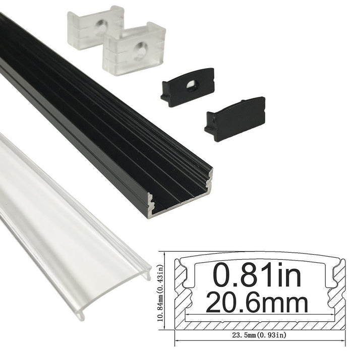 Black U04 10x23mm U-Shape Internal Width 20mm LED Aluminum Channel System with Cover, End Caps and Mounting Clips Aluminum Extrusion for LED Strip Light Installations