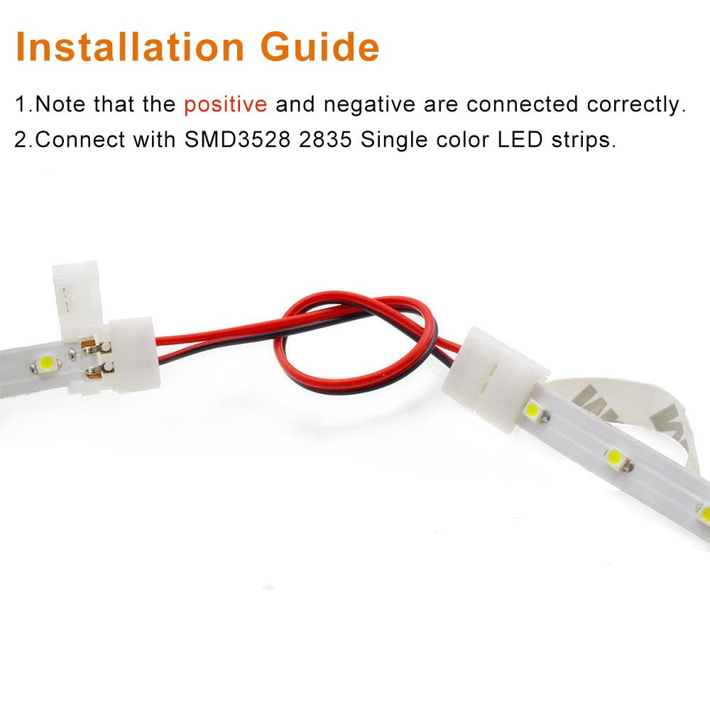 LightingWill LED Strip Connector 2Pin 8mm Wire Solderless Snap Down 2Pin Conductor for 8mm Wide 3528 2835 Single Color Flex LED Strips