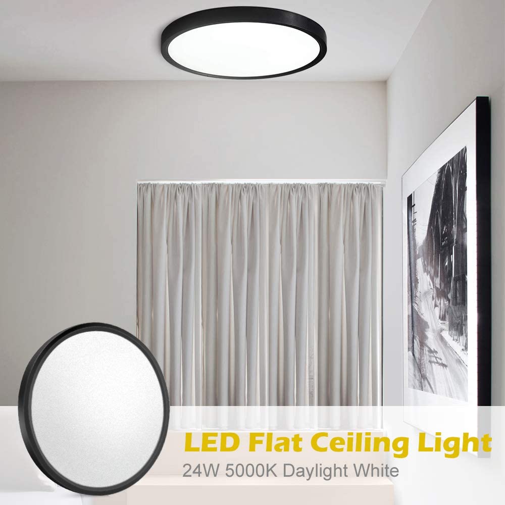 LED Flush Mount Ceiling Light Fixture, Black 5000K Pure White,3200LM, 12 Inch 24W, Flat Modern Round Lighting Fixture, 240W Equivalent Black Ceiling Lamp for Closets, Kitchens, Stairwells, Bedrooms.etc