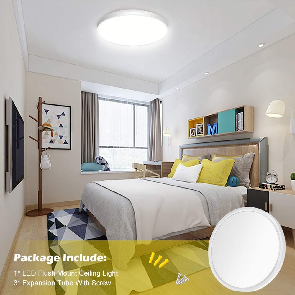LightingWill LED Flush Mount Ceiling Light Fixture, 2800K/4000K/5000K  3200LM, 12 Inch 24W, Flat Modern Round Lighting Fixture, 240W Equivalent White Ceiling Lamp for Closets, Kitchens, Stairwells, Bedrooms.etc.