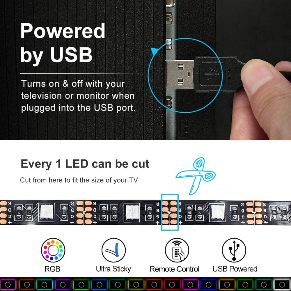 4 x 50CM TV LED Backlight USB 5050 RGB LED Strip Light Remote Kit 5V  30Leds/M US