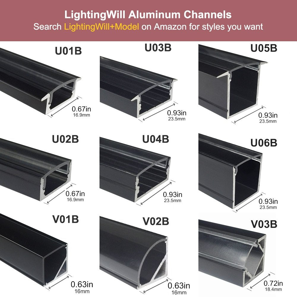 Sliver U06 24x24mm Silver U Shape LED AluminumBlack Channel Internal width 20mm with White Diffuser Cover, End Caps and Mounting Clips for LED Strip Light Spot Free Installations