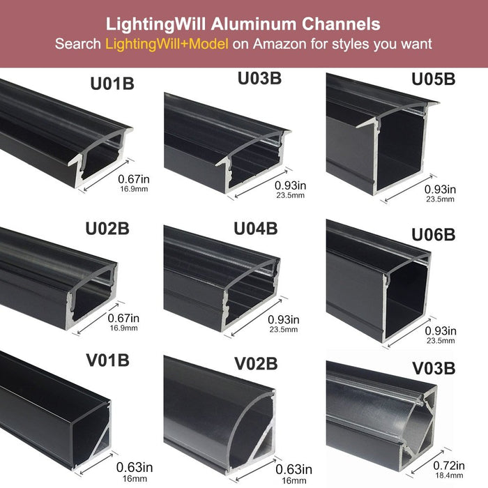 Sliver U06 24x24mm Silver U Shape LED AluminumBlack Channel Internal width 20mm with White Diffuser Cover, End Caps and Mounting Clips for LED Strip Light Spot Free Installations