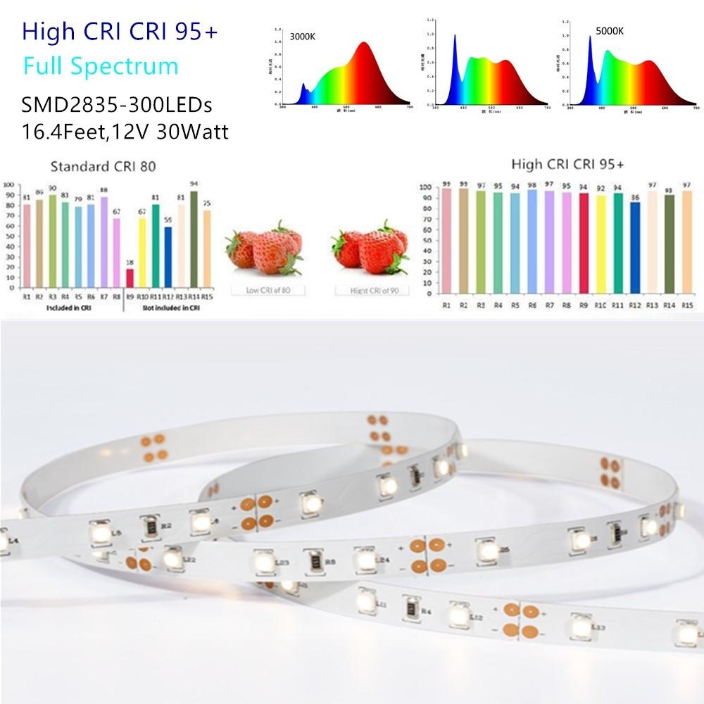 16,4 Fuß (5 Meter) SMD2835 300LED 12VDC 30Watt True Color CRI95+ Hohe Farbgenauigkeit LED Flexibles Streifenlicht, das das gesamte Spektrum an natürlichem Licht erzeugt