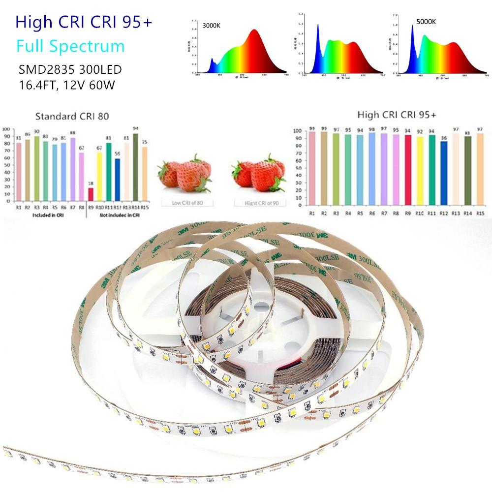 16,4 Fuß (5 Meter) SMD2835 300LED 12VDC 60Watt True Color CRI95+ Hohe Farbgenauigkeit LED Flexibles Streifenlicht, das das gesamte Spektrum an natürlichem Licht erzeugt