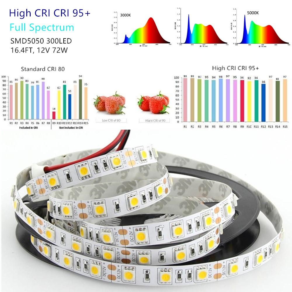 16,4 Fuß (5 Meter) SMD5050 300LED 12VDC 72Watt True Color CRI95+ Hohe Farbgenauigkeit LED Flexibles Streifenlicht, das das gesamte Spektrum an natürlichem Licht erzeugt